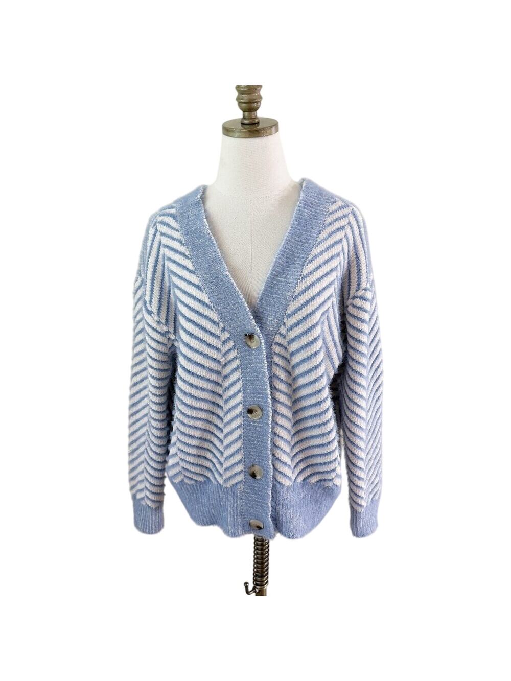 FRNCH Blue/White Herringbone Cardigan Size S/M V-Neck Button Up Oversized Fit